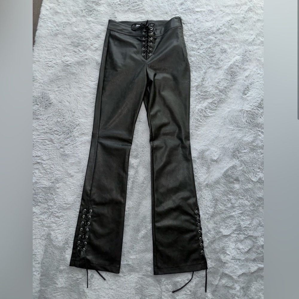 Green faux leather lace up pant